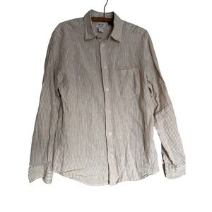 H&M Essentials No 17 Mens Small Tan White Striped 100% Linen Button Down Shirt